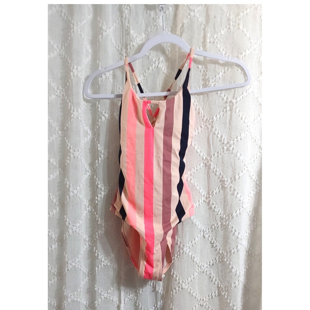 Womens Vertical Stripe One Piece Swimsuit Pink Navy Coral Keyhole Backless Small